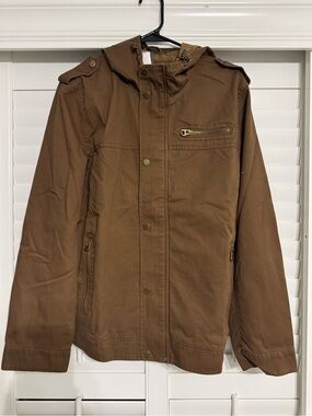 Men Brown Hooded Jacket - Casual Utility Coat